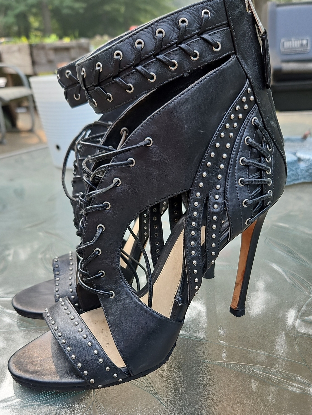 Brian Atwood Black Studded Lace-Up High Heel Sandals